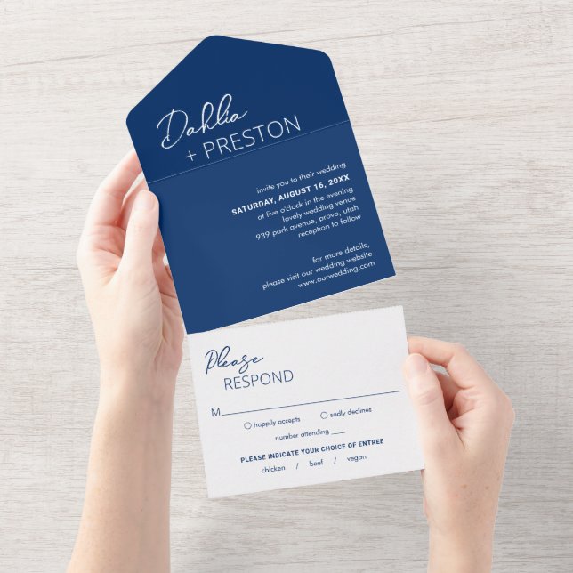 Minimal Navy Blue Modern Wedding All In One Invitation (Tearaway)