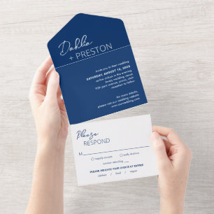 Minimal Navy Blue Modern Wedding All In One Invitation
