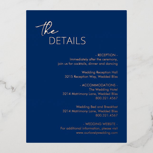 Minimal Navy Blue Modern Wedding Foil Enclosure Foil Invitation Postcard (Front)