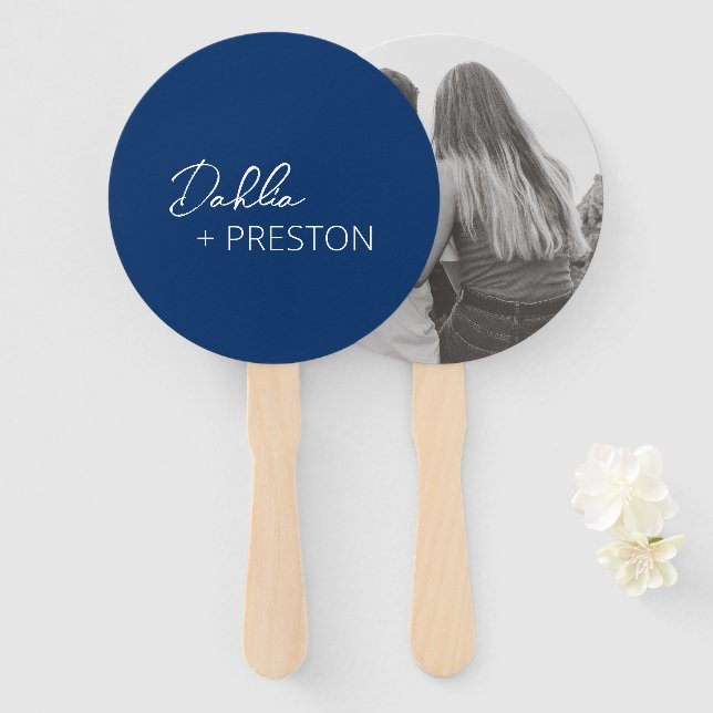 Minimal Navy Blue Modern Wedding Hand Fan (Front and Back)