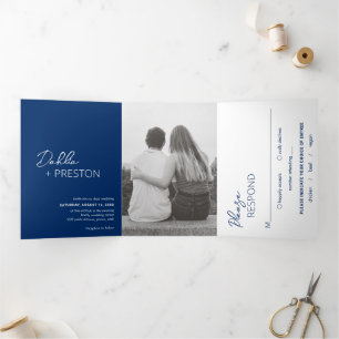 Minimal Navy Blue Photo Modern Wedding Tri-Fold Invitation