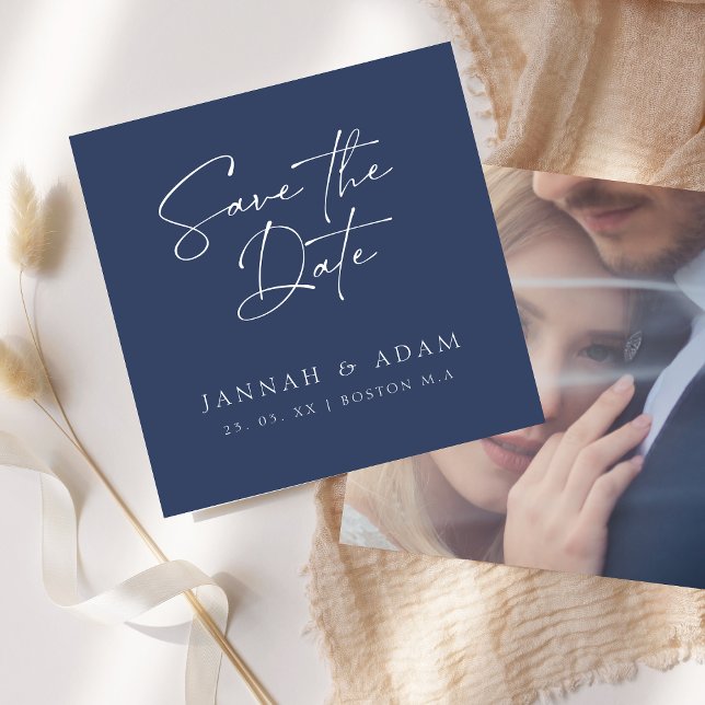 Minimal Navy Blue Script Photo Wedding Save The Date (Creator Uploaded)