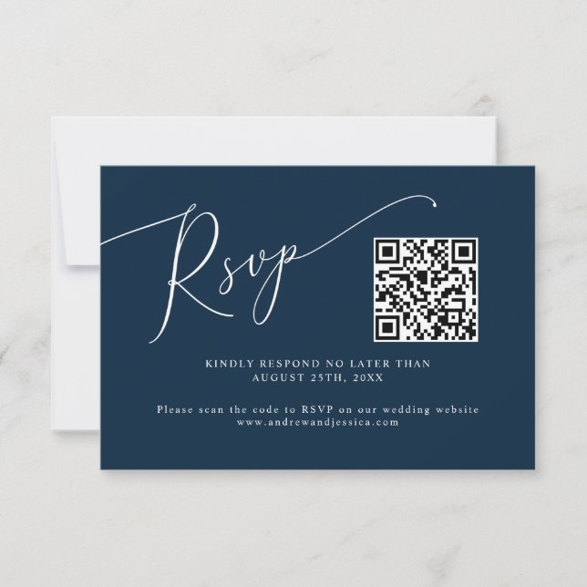 Minimal Navy Blue Wedding QR Code  RSVP Card (Front)