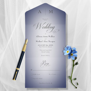 Minimal Navy Blue & White Blur Modern No Dinner All In One Invitation