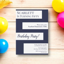 Minimal Navy Blue White Elegant Chic 50th Birthday