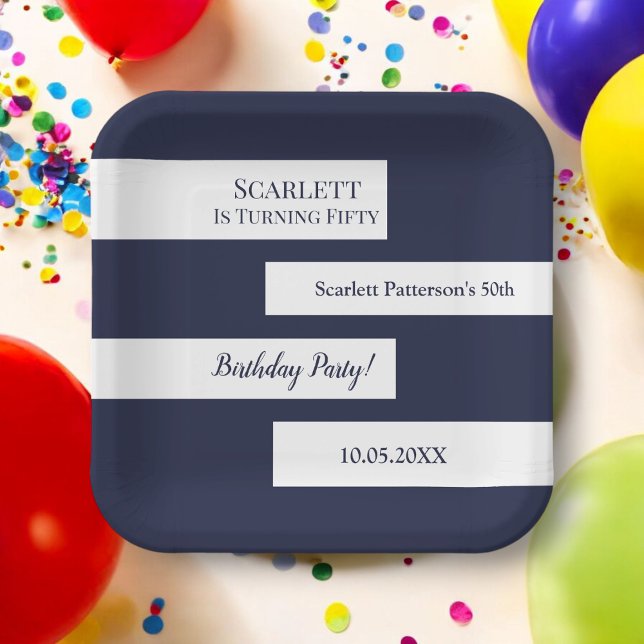 Minimal Navy Blue White Elegant Chic 50th Birthday Paper Plate (Creator Uploaded)