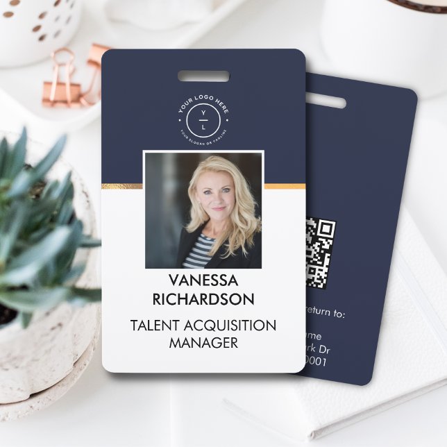 Minimal Navy Blue White Employee Photo ID Company  Badge (Creator Uploaded)