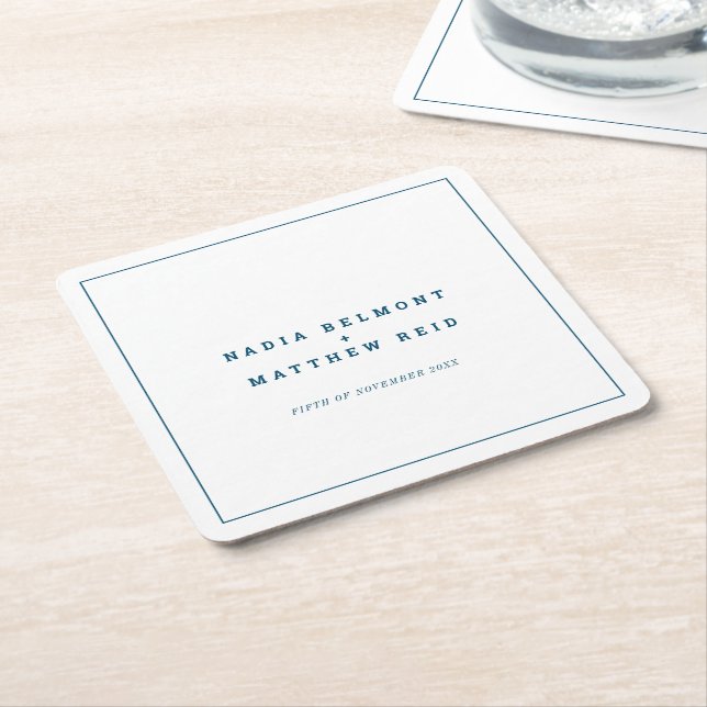Minimal navy blue white simple outline wedding square paper coaster (Angled)