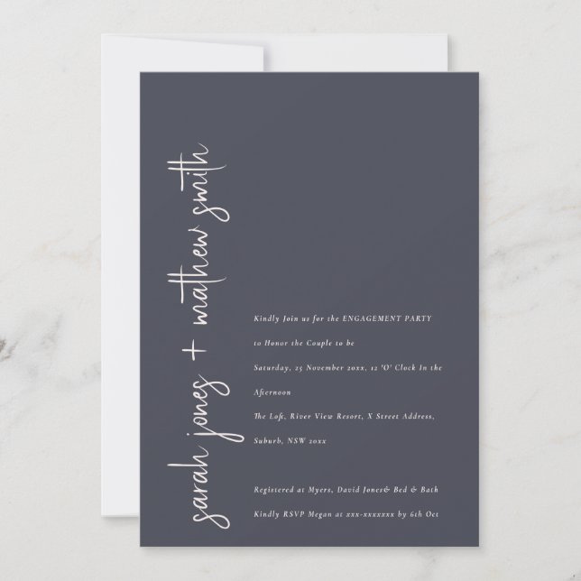 Minimal Navy Blush Black Modern Script Engagement Invitation (Front)