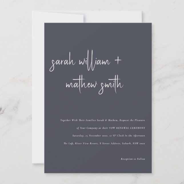 Minimal Navy Blush Black Script Vow Renewal Invitation (Front)