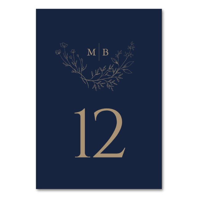 Minimal Navy Gold Formal Monogram Wedding Table Number (Front)