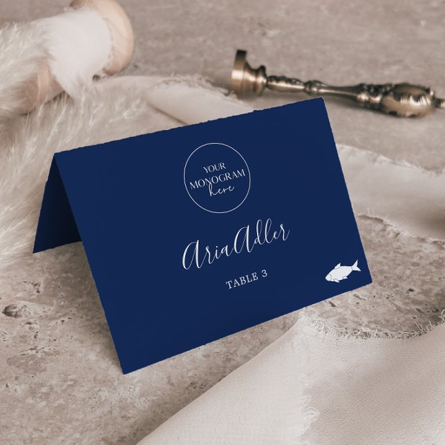 Minimal Navy Monogram Fish Meal Option Place Cards (Creator Uploaded)