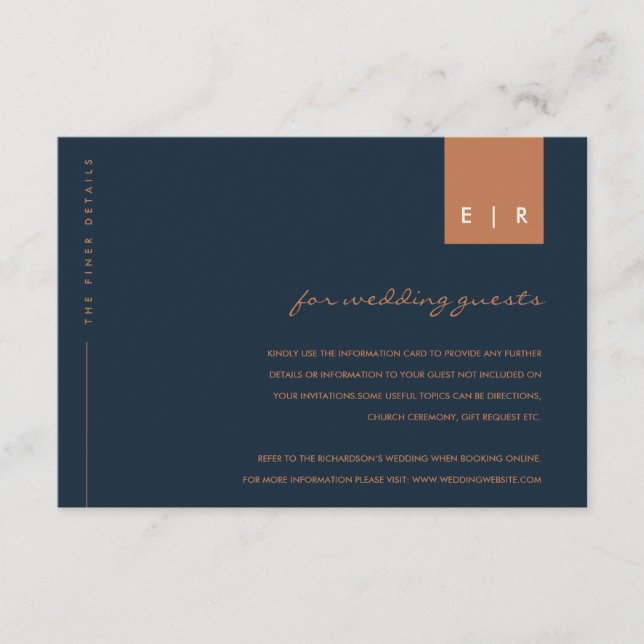MINIMAL NAVY RUST ORANGE TYPOGRAPHY WEDDING DETAIL ENCLOSURE CARD (Front)