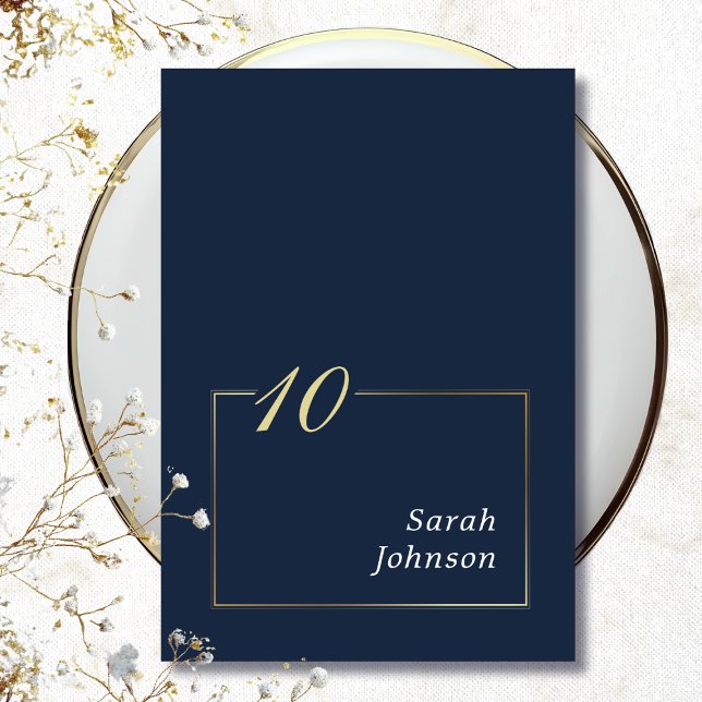 Minimal Navy White Gold Border Elegant Script Table Number (Creator Uploaded)