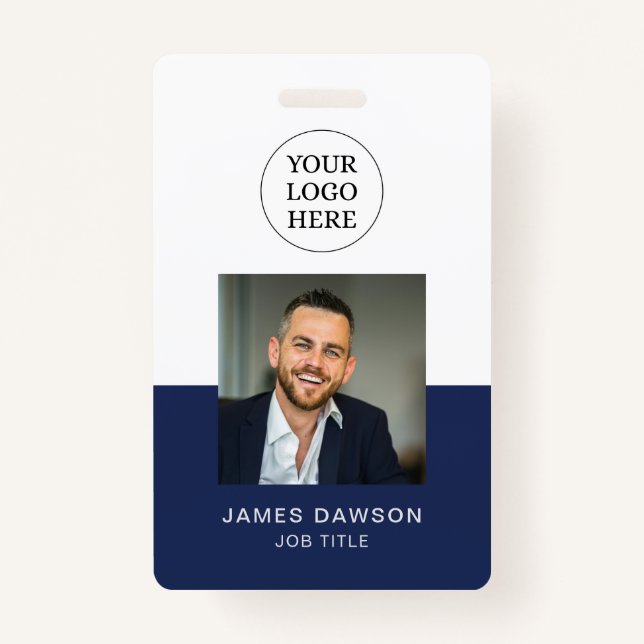 Minimal Navy & White Office Employee Photo ID QR ID Badge (Front)