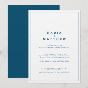 Minimal navy white vertical text wedding invitation