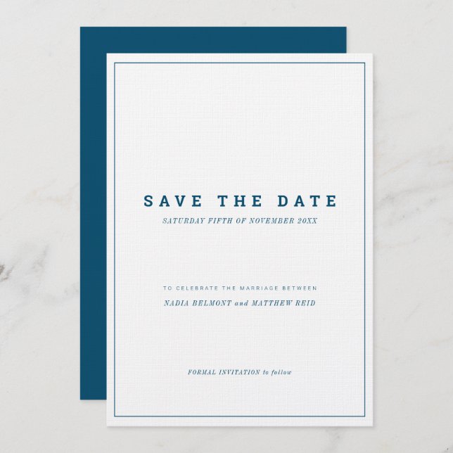 Minimal navy white vertical wedding save the date invitation (Front/Back)