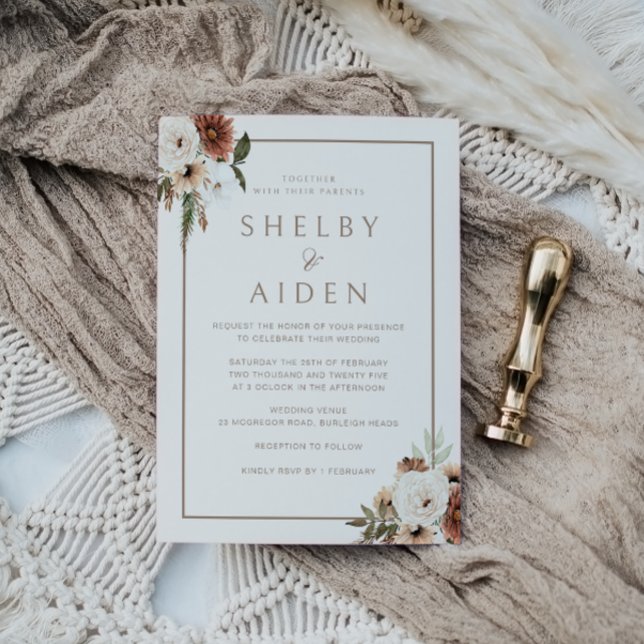 Minimal Neutral Beige Boho Floral Wedding  Invitation (Creator Uploaded)