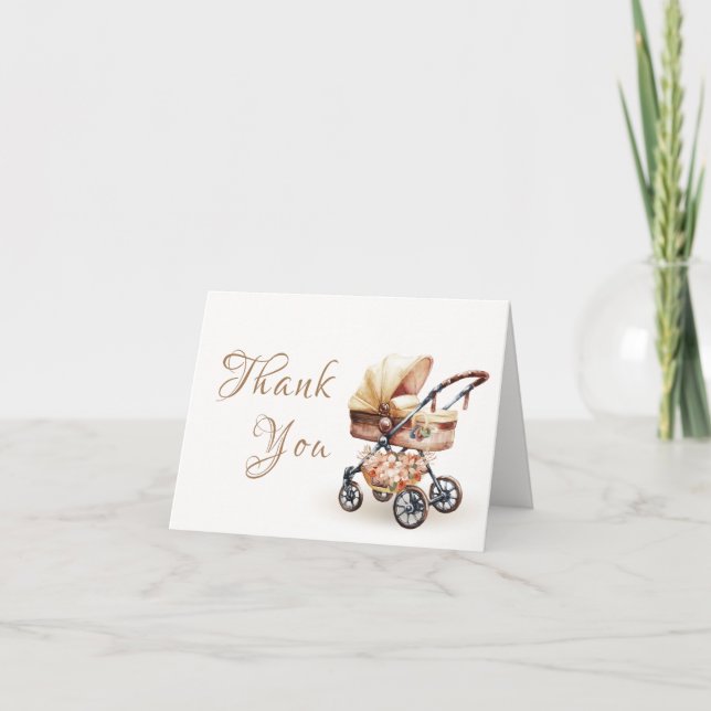 Minimal Neutral Boho Floral Stroller Baby Shower Thank You Card (Front)