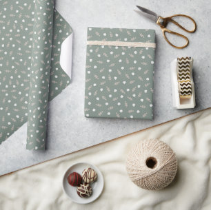 Minimal Neutral Floral White Daisies on Sage Green Wrapping Paper