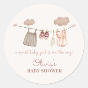 Minimal Neutral Pink Boho Baby Girl Clothes Shower Classic Round Sticker