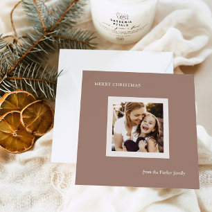 Minimal Neutral Taupe with Photo   Merry Christmas Holiday Card