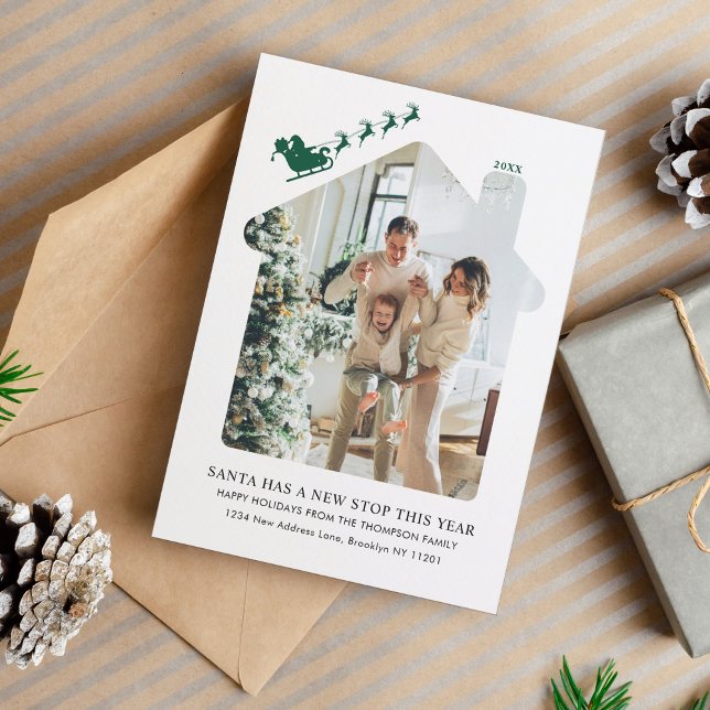 Minimal New Home Photo Green Santa Sleigh Moving Holiday Card (Creator Uploaded)