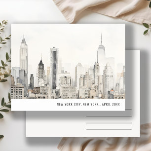 Minimal New York City Skyline Watercolor Travel  Postcard