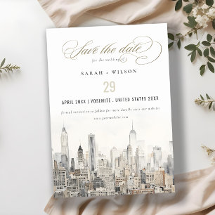 Minimal New York City Skyline Watercolor Wedding Save The Date