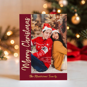 Minimal Newlywed Burgundy Christmas Family Photo Foil Holiday Card