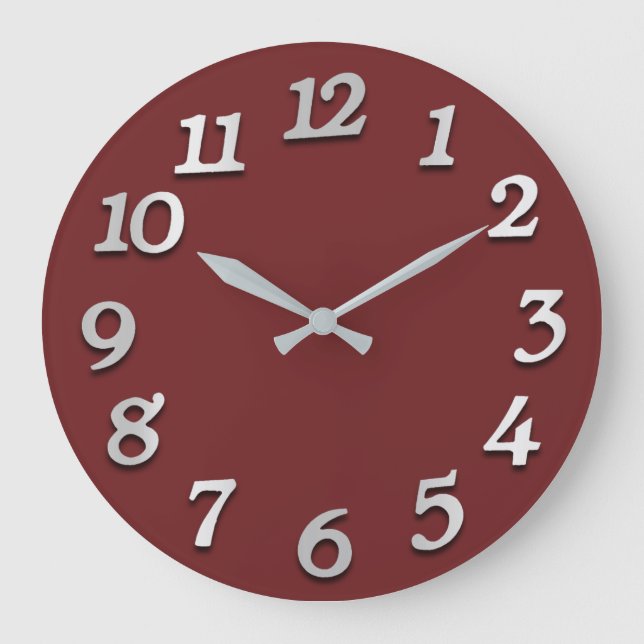 Minimal Numbers Grey Grey Burgundy Maroon Large Clock (Front)