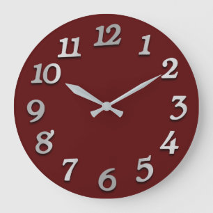 Minimal Numbers Grey Silver Grey Metal 3D Maroon Large Clock
