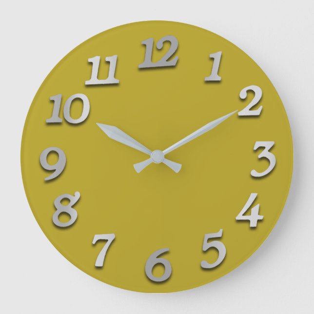 Minimal Numbers Grey Silver Grey Yellow 3D Mustard Large Clock (Front)