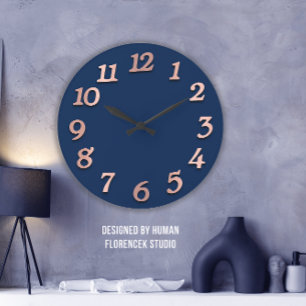 Minimal Numbers Rose Gold Blue Navy Metallic 3D Large Clock