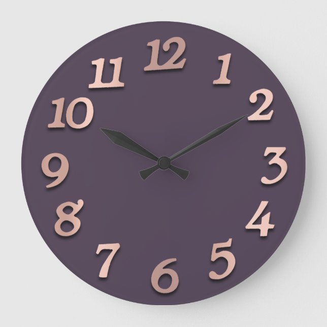 Minimal Numbers Rose Gold Purple Plum Metallic 3D Large Clock (Front)