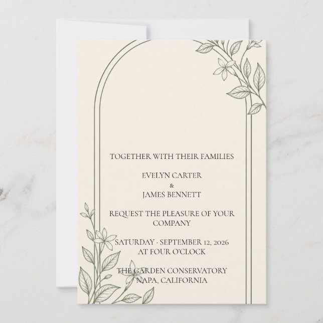 Minimal Olive Botanical Arch Wedding Invitation (Front)