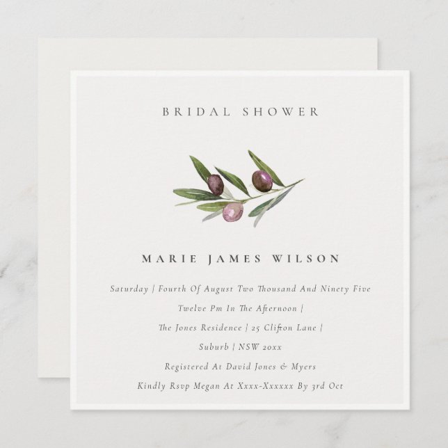 Minimal Olive Branch Foliage Bridal Shower Invite (Front/Back)
