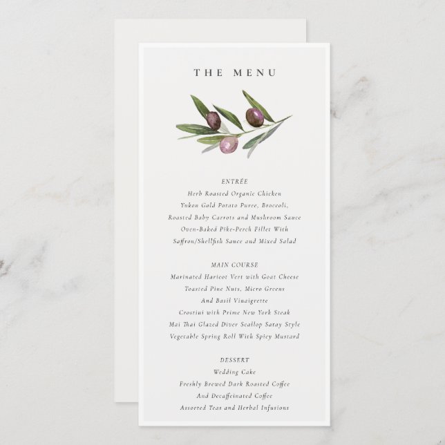 Minimal Olive Branch Foliage Wedding Menu Card (Front/Back)