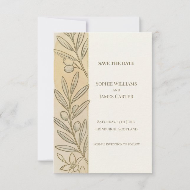 Minimal Olive Branch Save The Date Card (Front)