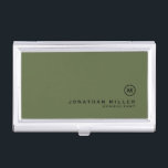 Minimal Olive Classic Monogram Business Card Holder<br><div class="desc">Minimalist monogram design with classic block monogram medallion in a classic font with personalised name and title below on a simple olive gren background. Personalise for your custom use.</div>