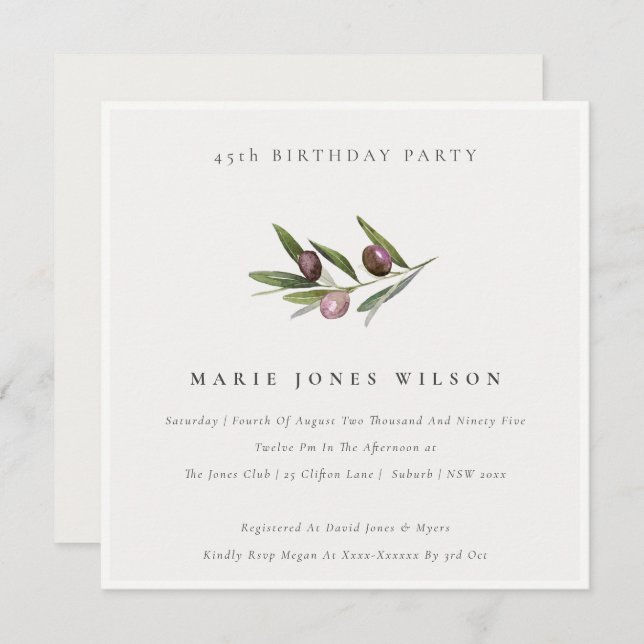 Minimal Olive Foliage Any Age Birthday Invite (Front/Back)