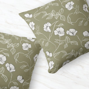 Minimal Olive Green Floral Line Art White Flower Cushion