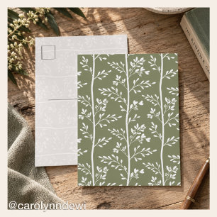 Minimal Olive Green Floral Silhouette Stripe Art Postcard
