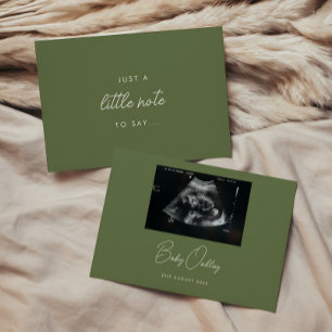 Minimal Olive Green "Just A Little Note" Pregnancy Announcement