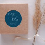 Minimal One More Day Wedding Rehearsal Teal Classic Round Sticker<br><div class="desc">Minimalist wedding rehearsal dinner favour sticker featuring typography text that says "one more day." The background is teal.</div>