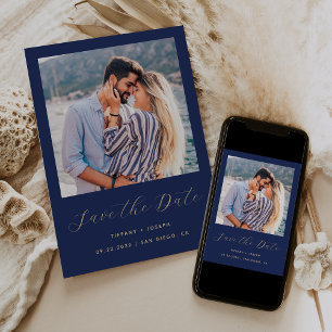 Minimal One Photo Script Navy Blue Gold Save The Date