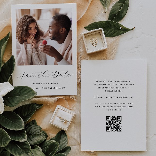 Minimal One Photo Script QR Code Black and White Save The Date (Creator Uploaded)