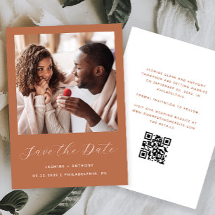 Minimal One Photo Script QR Code Terracotta Save The Date
