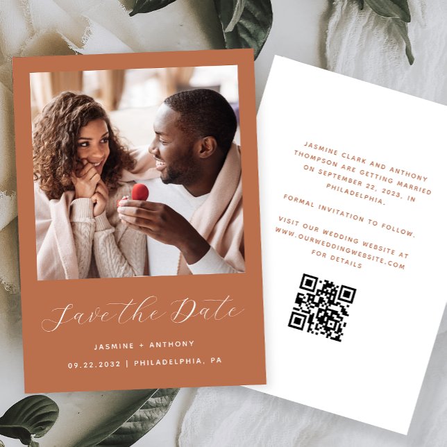 Minimal One Photo Script QR Code Terracotta Save The Date (Creator Uploaded)