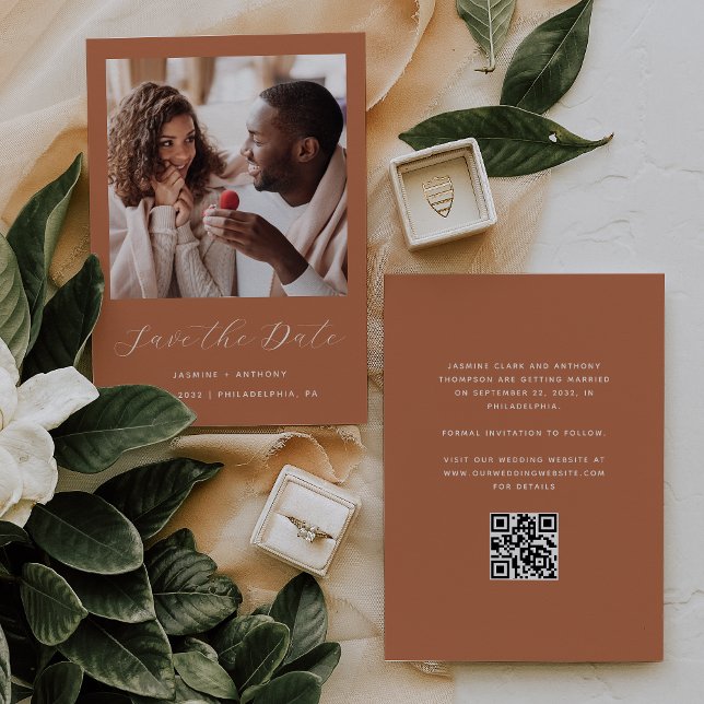 Minimal One Photo Script QR Code Terracotta Save The Date (Creator Uploaded)